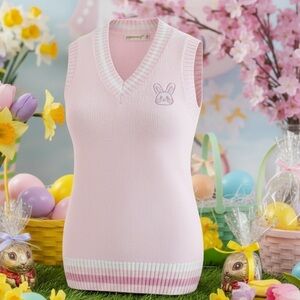 ROMWE NWT Woman's Pink V-Neck Sweater with Easter Bunny Detail Size 8/10